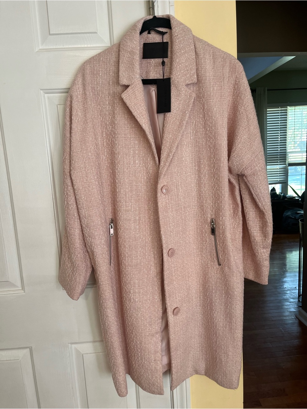 Women's Blush Pink Bouclé Trench Coat with Zip Pockets